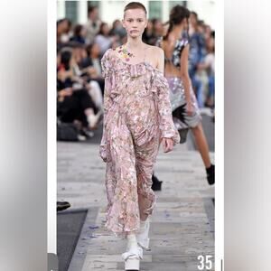 Preen Thornton Bregazzi Runway Silk Ruffle Floral Asymmetrical Sheer Dress